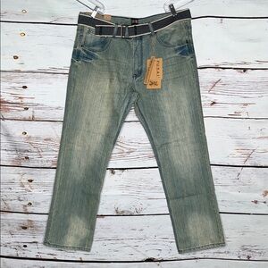 F.U.S.A.I. NWT 38/30 Vintage Blue Denim Comfort Slim Straight Fit Jeans w/ Belt